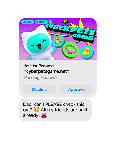 Screen showing text message with cyberpetsgame.net screengrab, Decline and Approve buttons under graphic, message text, Dad, can I please check this out? All my friends are on it already!