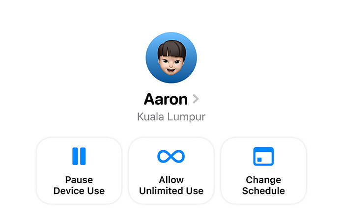 Settings app options for a parent to Pause Device Use, Allow Unlimited Use or Change Schedule for their child