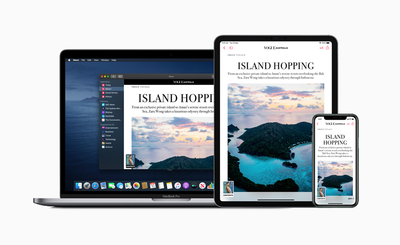 Apple News+ on MacBook, iPhone and iPad.