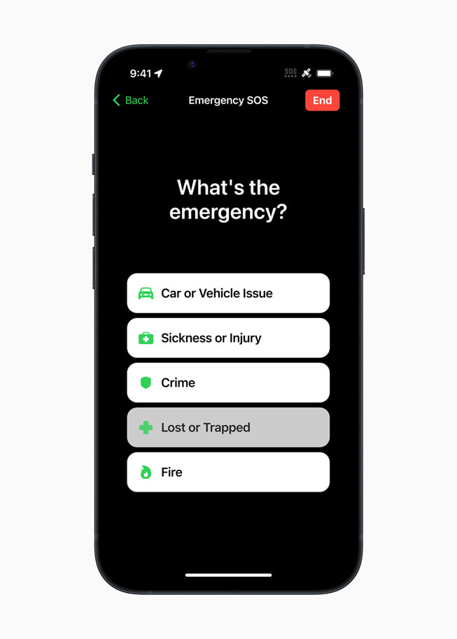 A screen from Emergency SOS via satellite on iPhone 14 Pro asks the user “What’s the emergency?”
