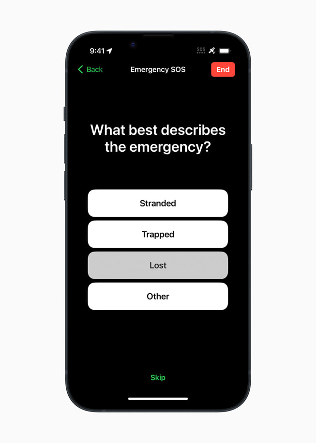 A screen from Emergency SOS via satellite on iPhone 14 Pro asks the user “What best describes the emergency?”