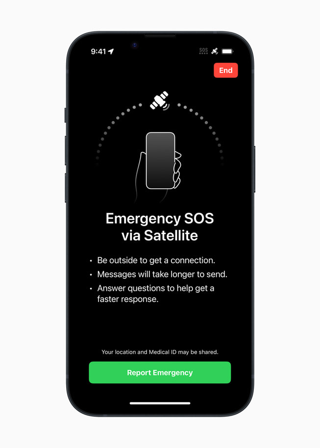 The main screen for Emergency SOS via satellite is shown on a user’s iPhone 14 Pro.