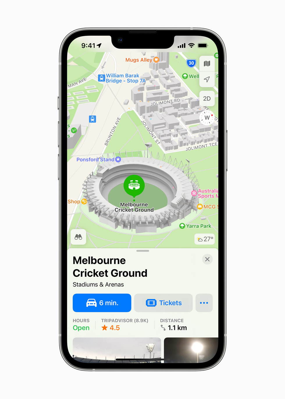 A 3D view of the Melbourne Cricket Ground in Apple Maps on iPhone 13 Pro.