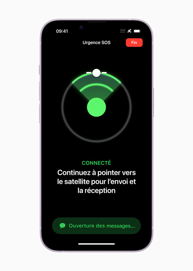 L’interface conviviale d’Urgence SOS par satellite s’affiche à l’écran d’iPhone.