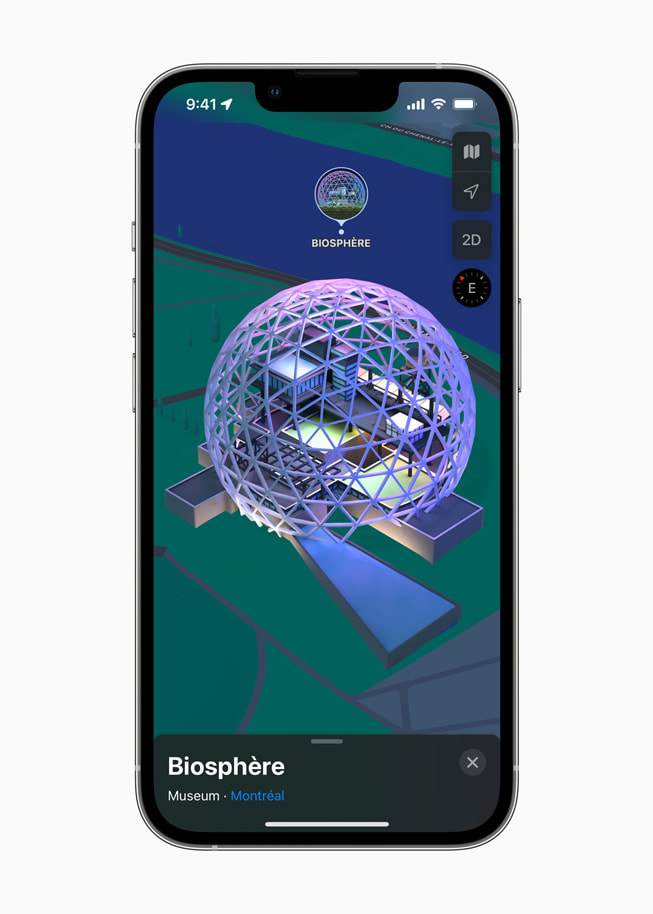 Nighttime 3D map of the Montreal Biosphere on iPhone 13 Pro.