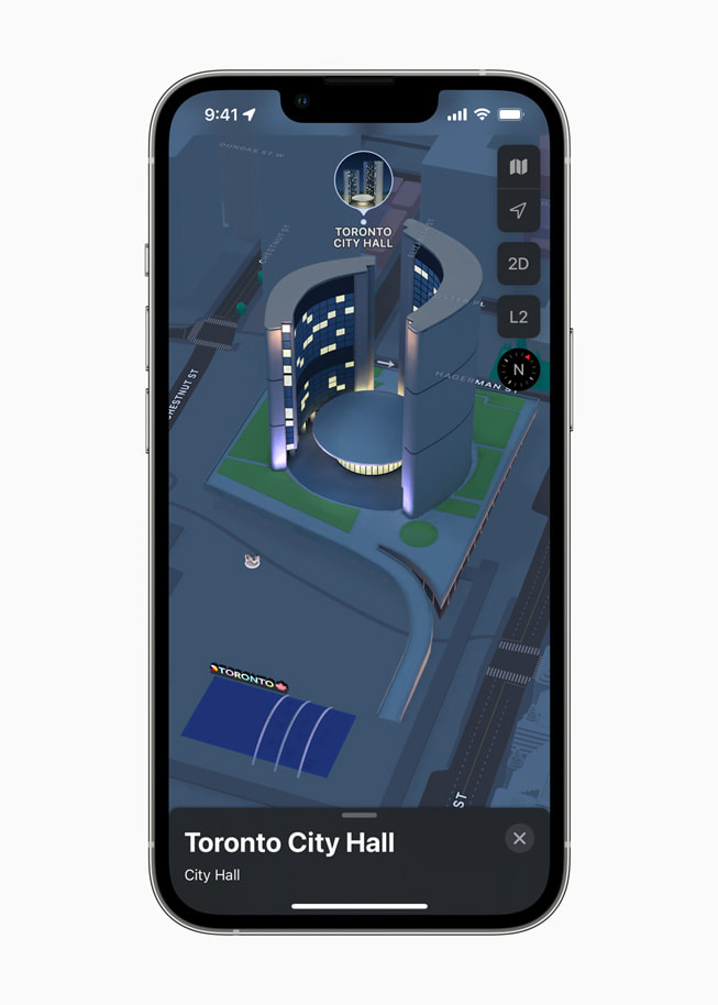 Nighttime 3D map of Toronto City Hall on iPhone 13 Pro.