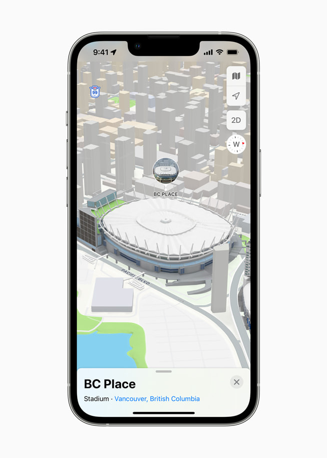 Apple Maps showing a detailed 3D experience of BC Place on iPhone 13 Pro.