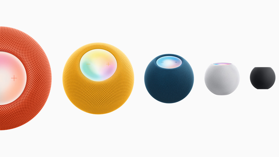 The HomePod mini lineup is shown in orange, yellow, blue, space gray, and white.