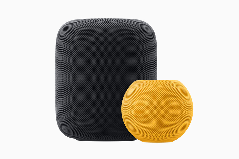 HomePod (2nd generation) and HomePod mini are shown in midnight and yellow.