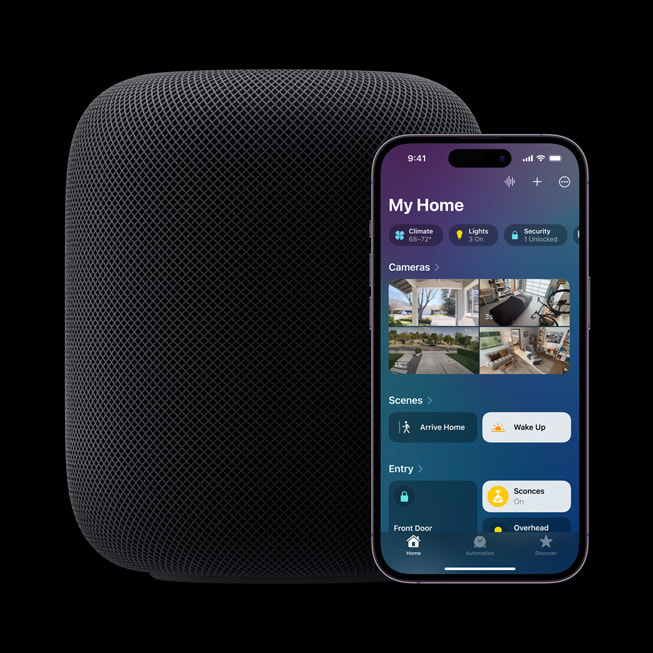 HomePod (2nd generation) in midnight is shown next to iPhone, where the Home app is open.