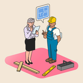Eine App-Illustration einer Frau, die sich mit einem Builder unterhält.