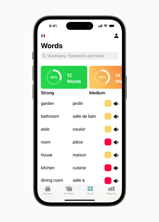 Franskundervisning i LENGO på iPhone 14 Pro, som viser brukerens fremgang.