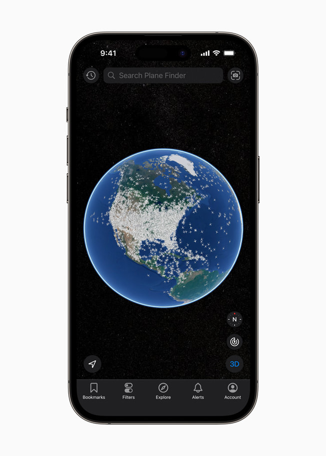 A screen within the Plane Finder app on iPhone 14 Plus shows planes flying around the globe.