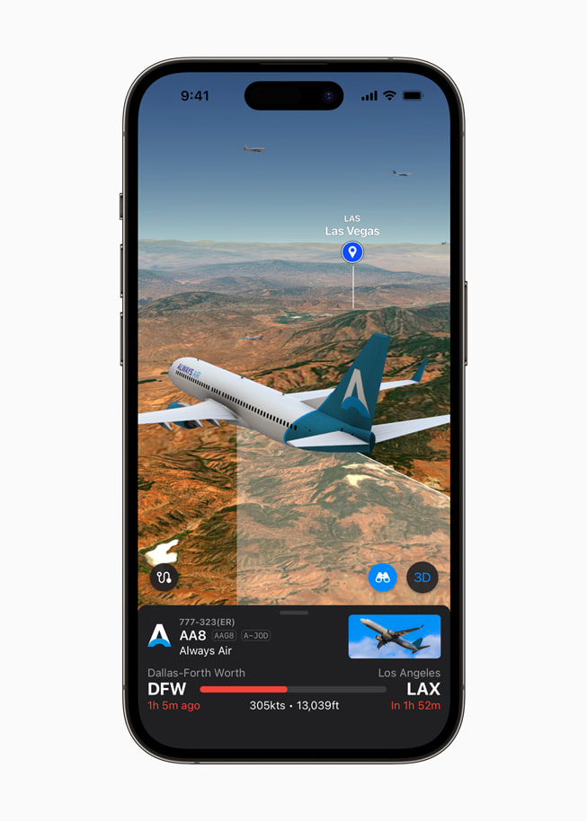 En skjermvisning i Plane Finder-appen på iPhone 14 Plus, som viser et fly på vei til Las Vegas.