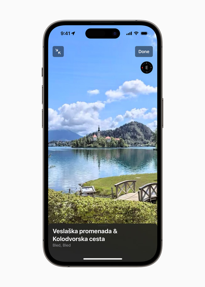 Using Look Around in the new Maps around Lake Bled on iPhone 14 Pro.