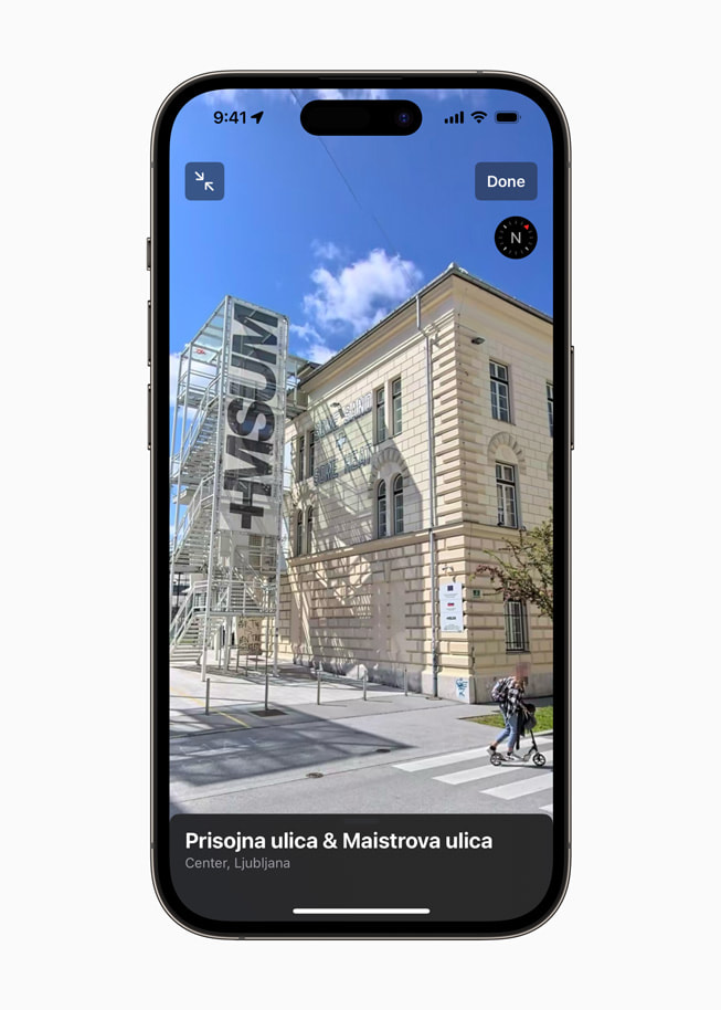 Using Look Around in the new Maps around the Museum of Contemporary Art Metelkova on iPhone 14 Pro.