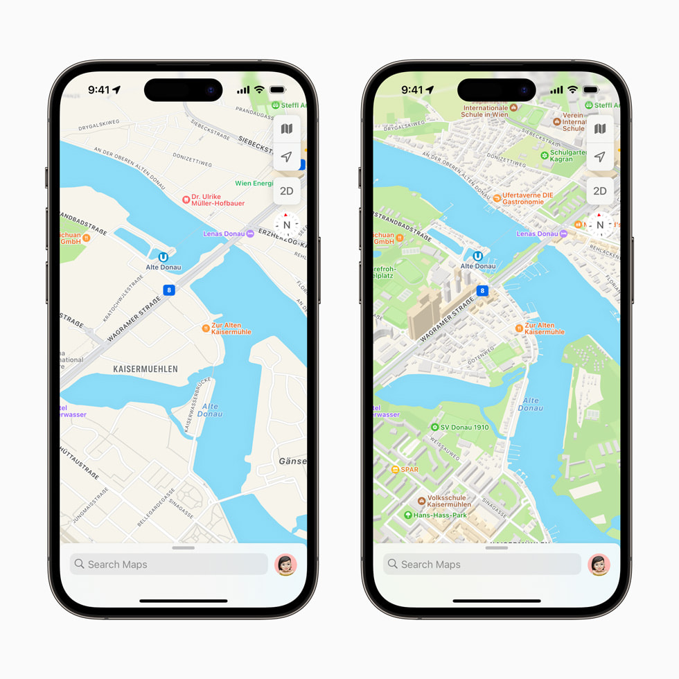 Bildvergleich von Österreich in der überarbeiteten Karten App auf dem iPhone 14 Pro, die mehr Details als die vorherige Version zeigt.