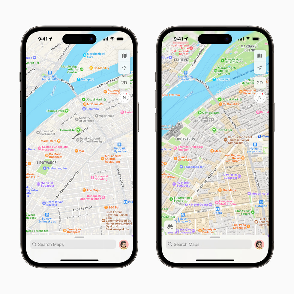 Bildvergleich von Ungarn in der überarbeiteten Karten App auf dem iPhone 14 Pro, die mehr Details als die vorherige Version zeigt.