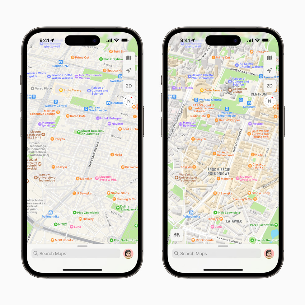 Bildvergleich von Polen in der überarbeiteten Karten App auf dem iPhone 14 Pro, die mehr Details als die vorherige Version zeigt.