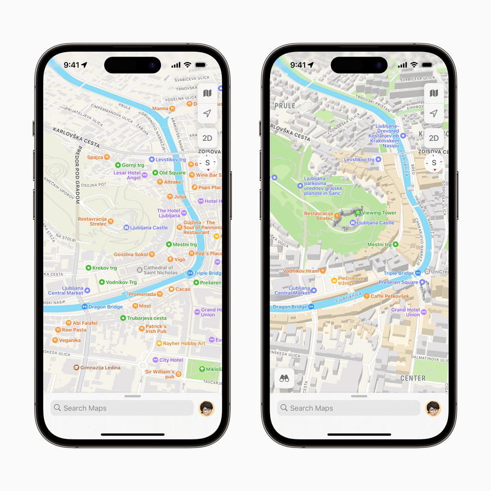 Bildvergleich von Slowenien in der überarbeiteten Karten App auf dem iPhone 14 Pro, die mehr Details als die vorherige Version zeigt.