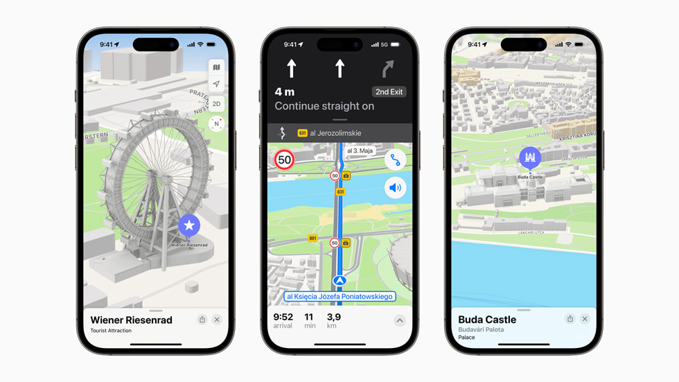 New Apple Maps features for Austria, Croatia, Czechia, Hungary, Poland, and Slovenia being showcased on iPhone 14 Pro.