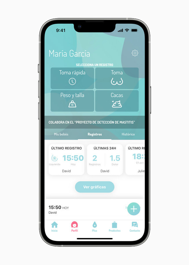 Un iPhone muestra una pantalla en español de la aplicación LactApp.