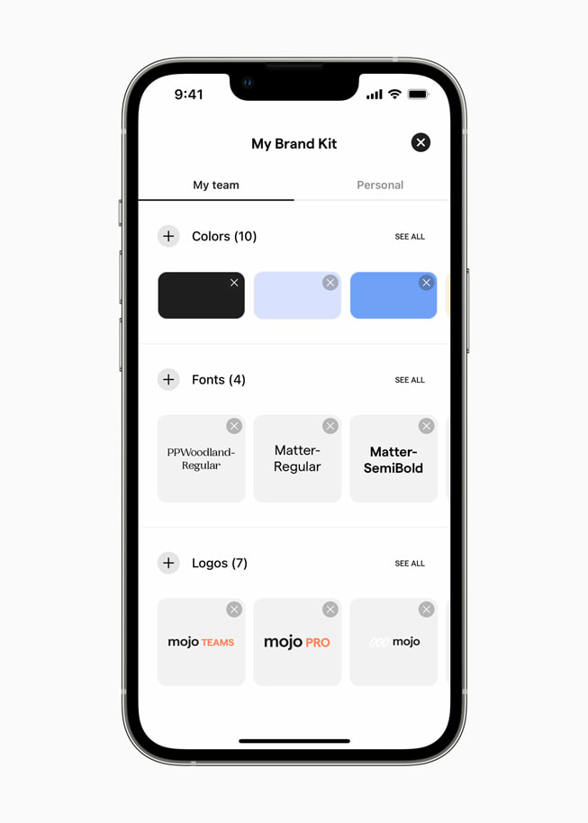 Options personnalisables de Mon kit de marque dans l’app Mojo.