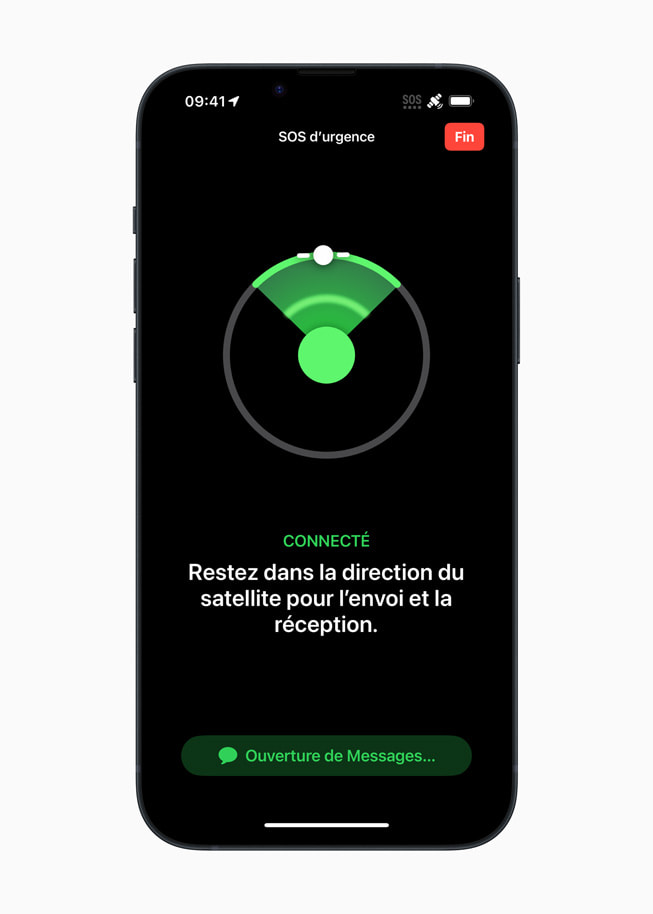 Un écran d’iPhone affiche l’interface de SOS d’urgence par satellite.