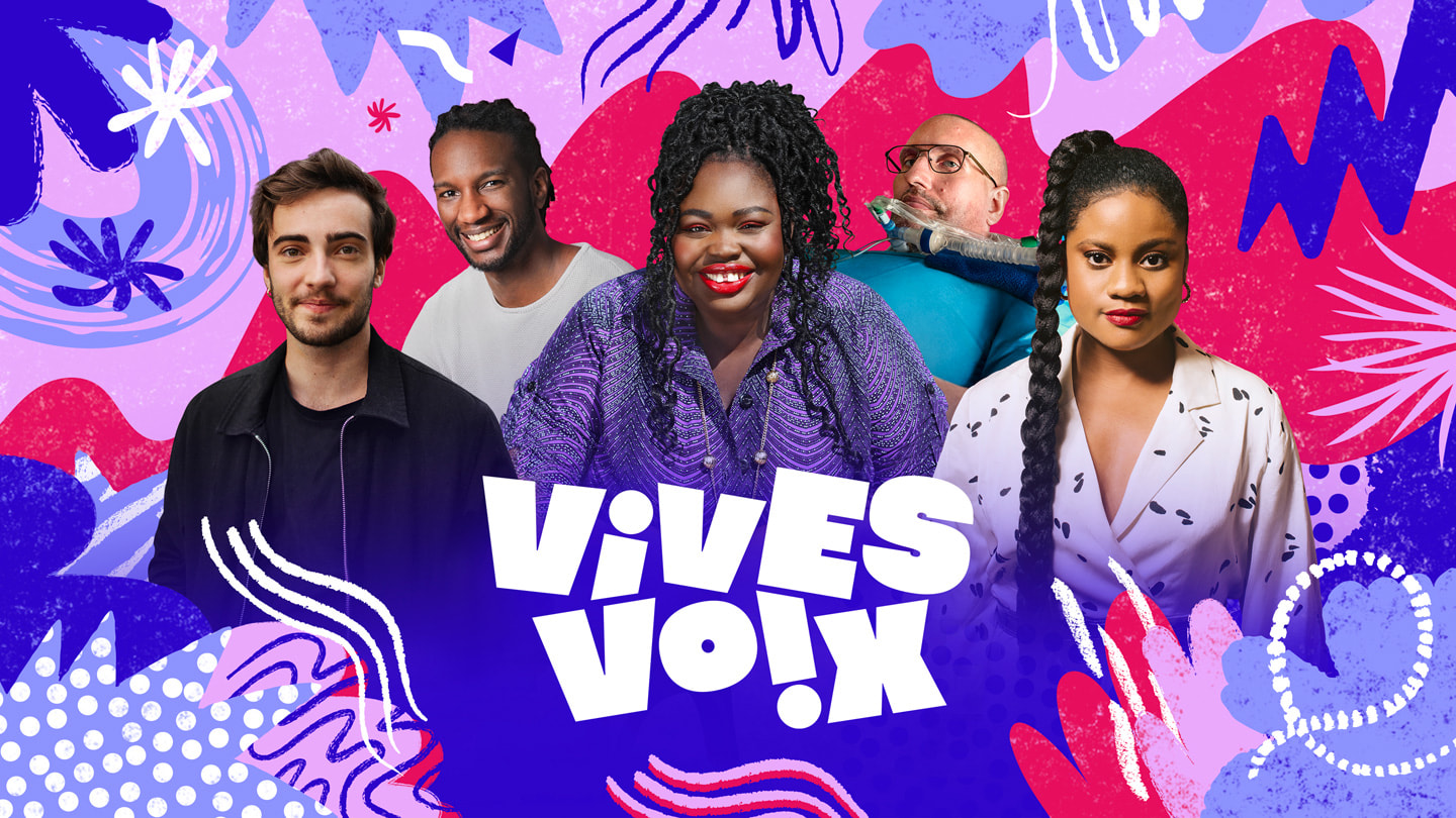 Une illustration colorée montre les cinq artistes participant à la série de podcasts « Vives Voix ».