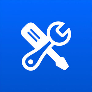 Icône bleue représentant des outils de réparation.