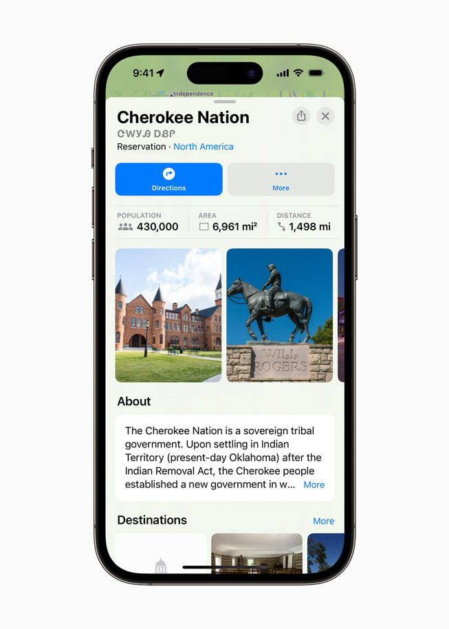 Pantalla de Mapas de Apple con información sobre la Nación Cherokee.