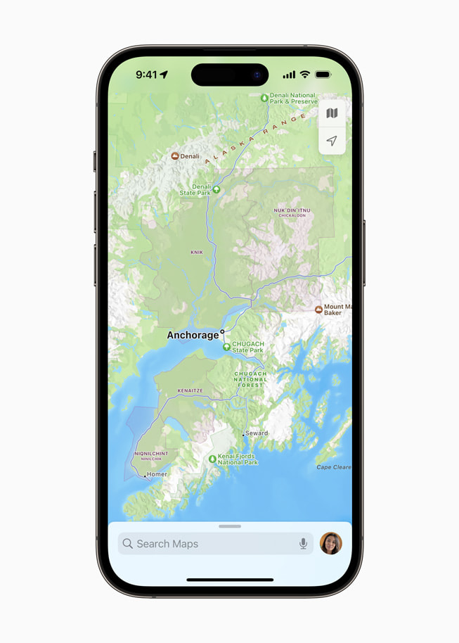 Un écran de l’app Plans d’Apple montre Anchorage, en Alaska.