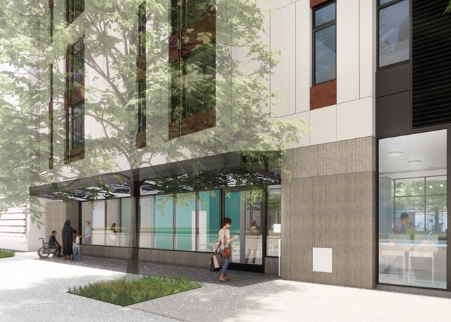 An exterior rendering of an entrance for the Kelsey in San Francisco.