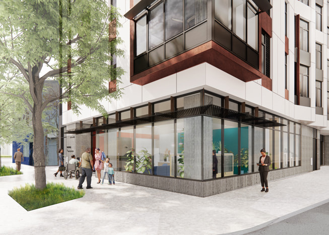 A ground floor exterior rendering of the Kelsey in San Francisco.