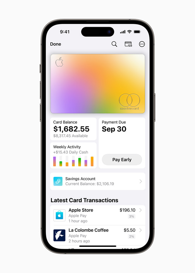 The Apple Card interface within the Wallet app is shown on iPhone 14 Pro.