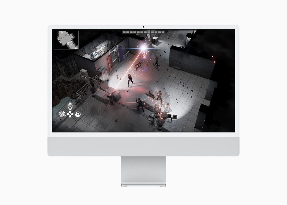 Imagem do jogo Cypher 007 em um iMac mostrando James Bond lutando contra vários inimigos. 