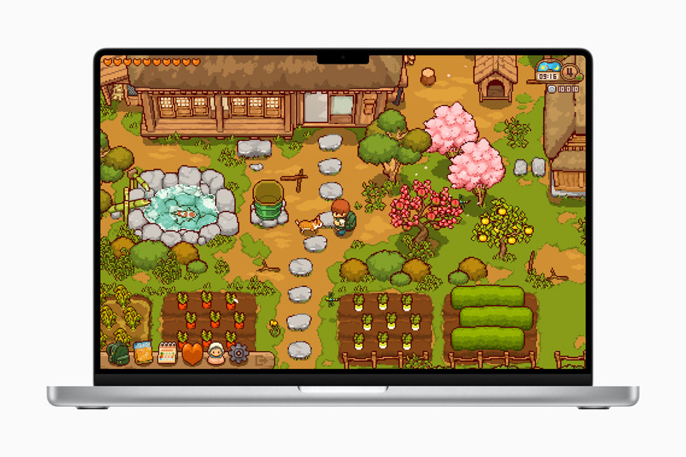 Imagen del juego Japanese Rural Life Adventure en un MacBook Pro que muestra a un personaje junto a su perro en un jardín diseñado en estilo pixel art.