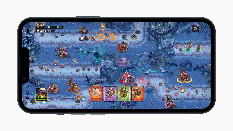 Imagen del juego Junkworld en un iPhone 14 que muestra un mundo subterráneo con estilo de dibujo animado. 