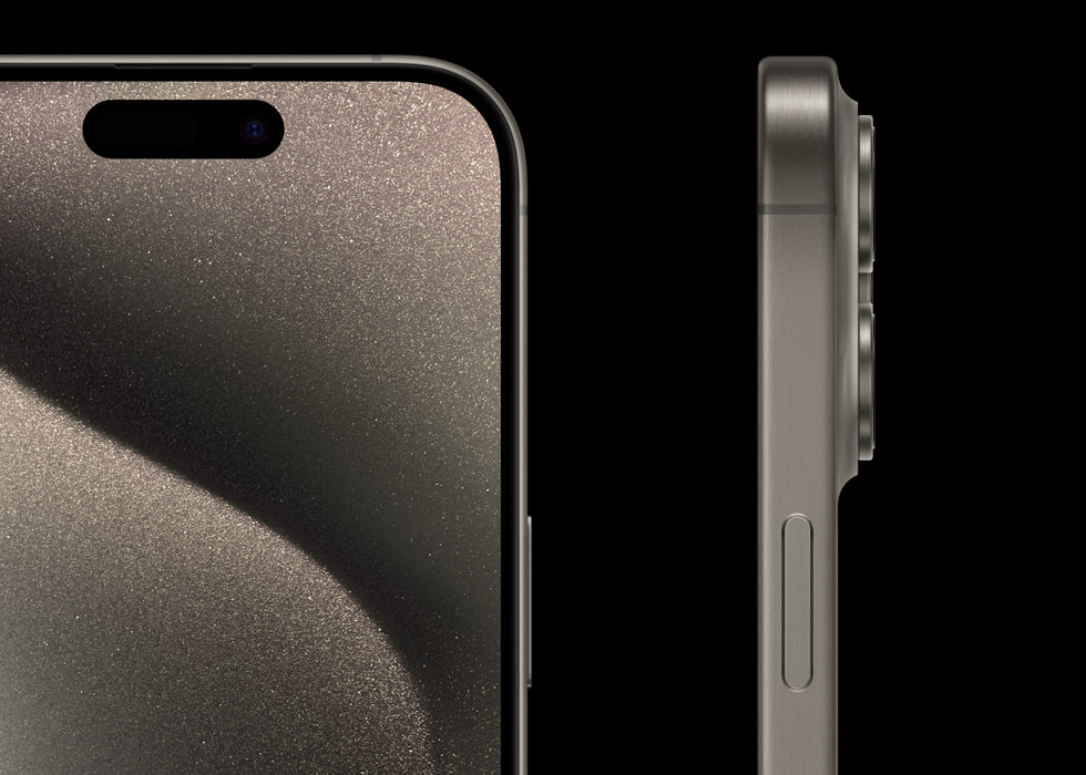 Hình ảnh cận cảnh lớp Ceramic Shield bảo vệ mặt trước, viền máy mỏng và cạnh máy có viền bo tròn trên iPhone 15 Pro. 