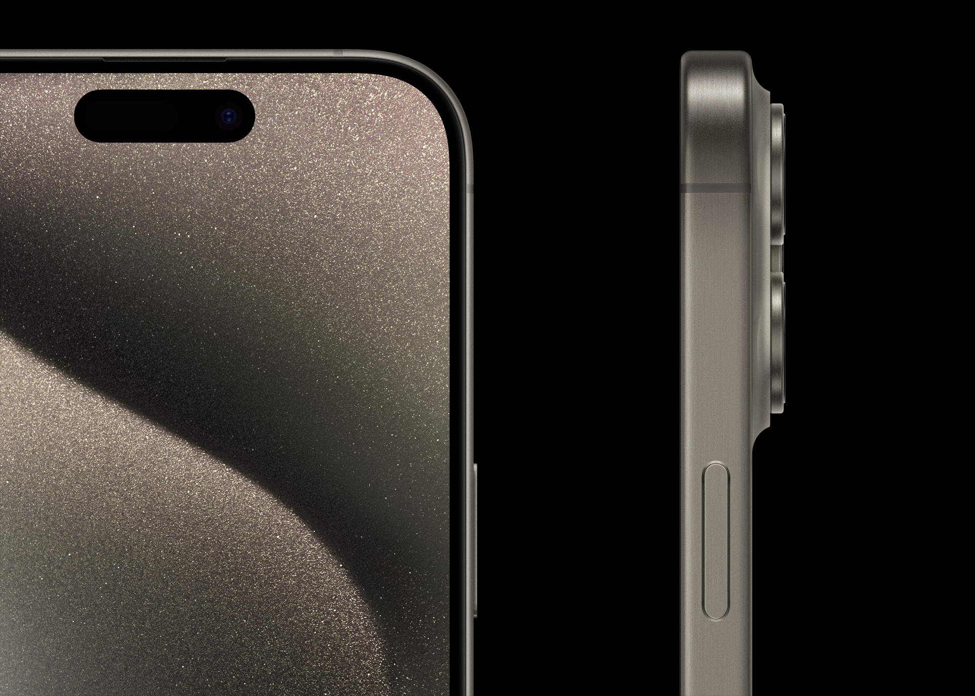 Tutup di sisi depan perisai keramik, garis besar dan tepi profil dari iPhone 15 Pro