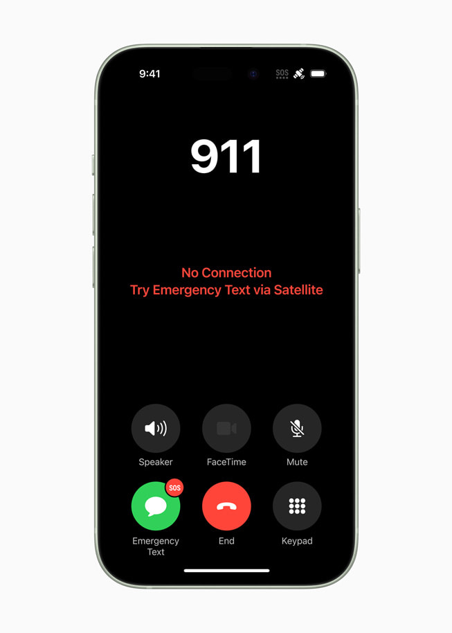 Op iPhone 15 is een gesprek met de noodhulpdiensten te zien. Op het scherm staat het bericht ‘Geen verbinding. Probeer sms bij noodgeval via satelliet.’