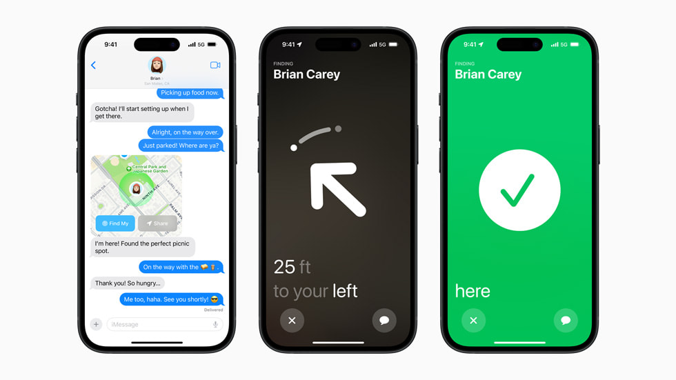 Three iPhone 15 devices demonstrate Find My friends, including a screen with a map view, a screen that points in the direction of the friend, and a screen with a green check mark to show that the user has arrived in the right place.