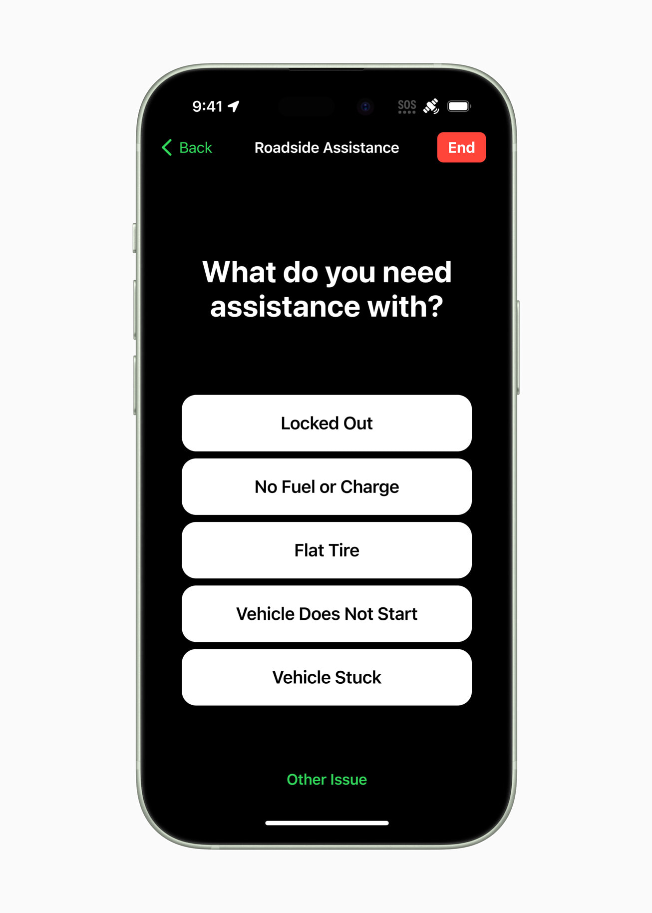 iPhone 15 shows the questionnaire for Roadside Assistance via satellite, including the question, &ldquo;What do you need assistance with?&rdquo;