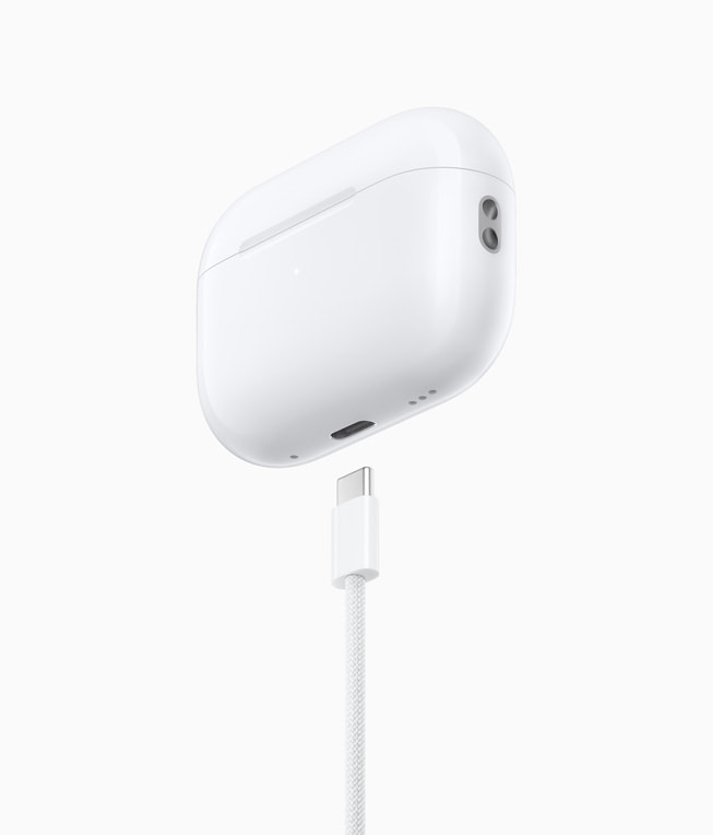The updated AirPods Pro (2nd generation) are shown with their charging case and USB-C charging cable.