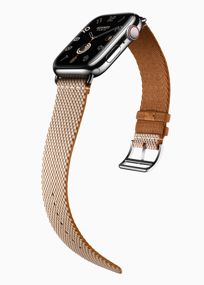 Apple Watch Hermès, Twill Jump kayışla birlikte gösteriliyor.