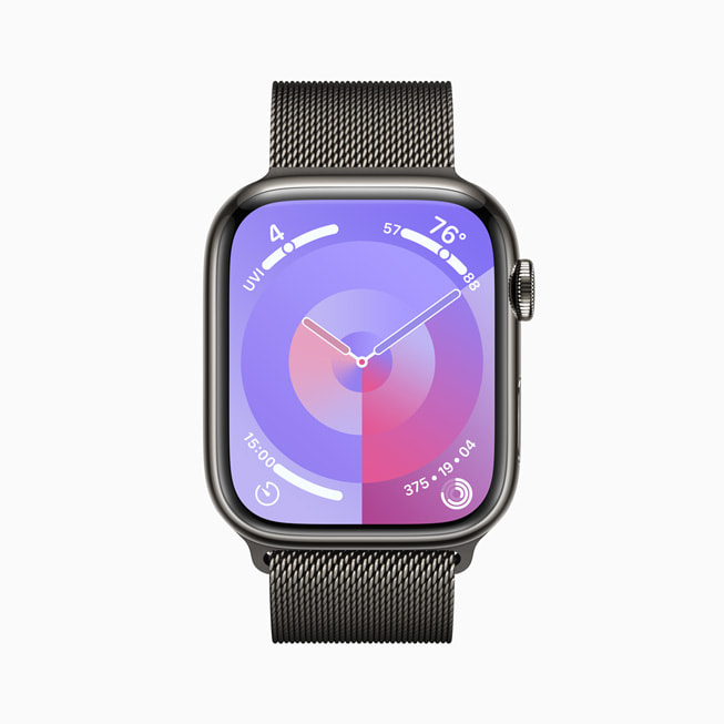 La nueva esfera del reloj Palette se muestra en el Apple Watch Series 9 con Milanese Loop.