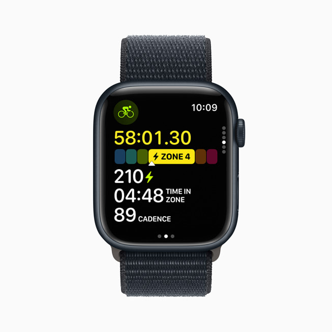 A cyclist’s workout stats are shown on Apple Watch Series 9 with the Sport Loop.