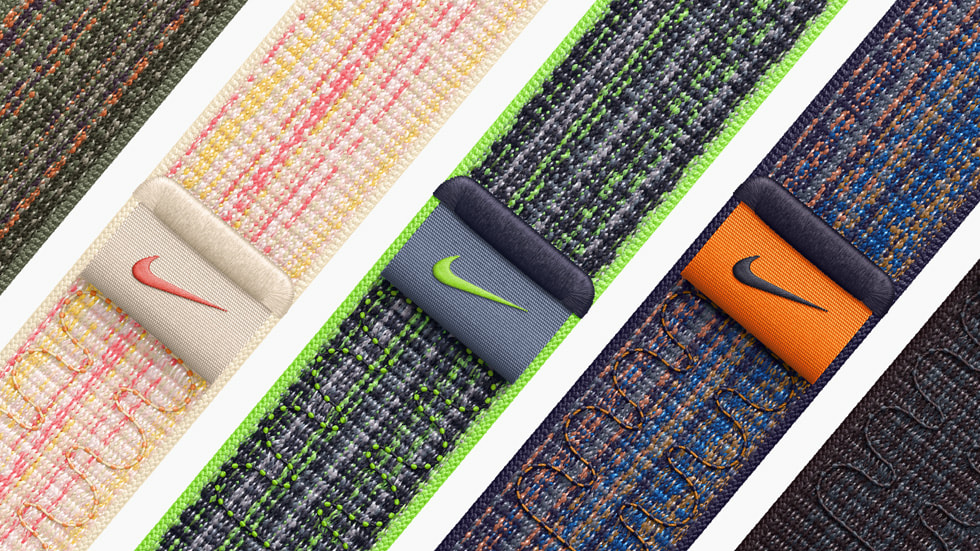 En närbild på den nya Nike-sportloopen i fem olika färgkombinationer.
