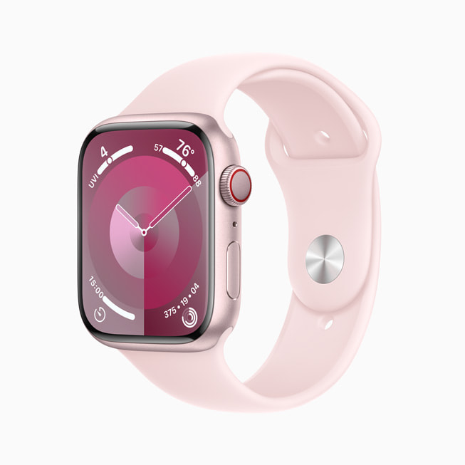 ピンクのスポーツバンドと組み合わせた、ピンクアルミニウムのApple Watch Series 9。