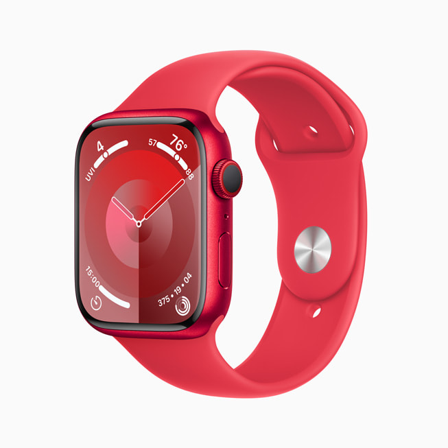 (PRODUCT)RED 스포츠 밴드를 장착한 Apple Watch Series 9 (PRODUCT)RED 알루미늄 케이스 모델.